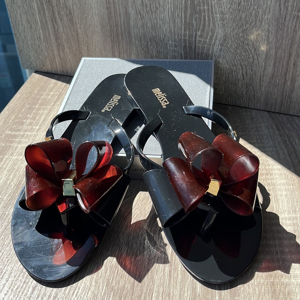 Melissa Harmonic Black/Brown Twin Large Bow Thong Jelly Flat Sandals